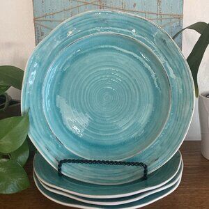 SET OF 4 PIER 1 Midori Crackle Turquoise 10-3/8" Dinner Plates New